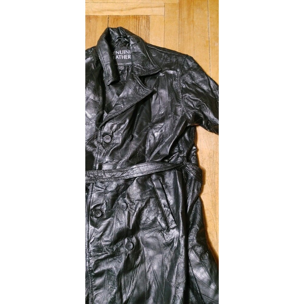 Vintage Y2K Genuine Leather Navarre Leather Company Black Belted Trench Coat L - Picture 2 of 7